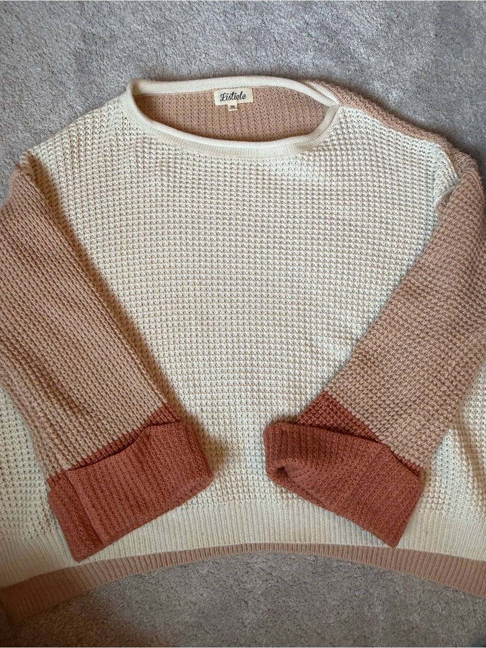 Listicle Cream and Tan Colorblock Waffle Sweater with Rust Cuffs
